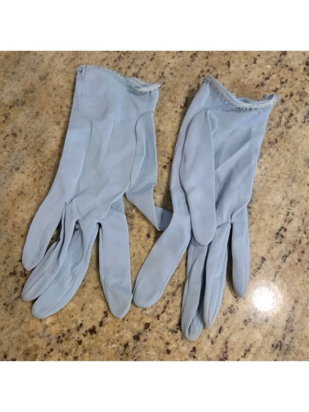 Vintage Womens Size S/M 6.5 Blue Nylon Stretch Formal Gloves Bow Wrist